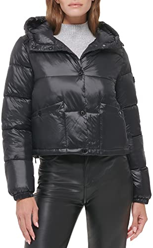 Calvin Klein Damen Cropped Puffer Jacket Daunenmantel, Tasche mit Druckknöpfen, Schwarz, M