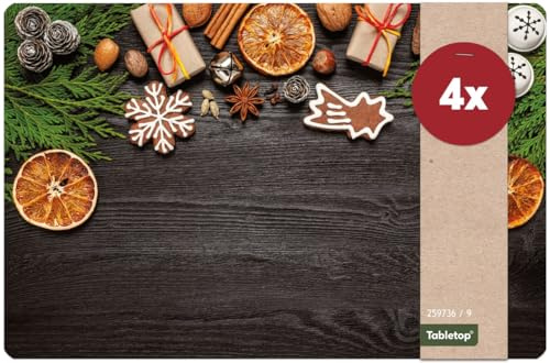 Weihnachts Tischsets 4er als abwaschbare Weihnachten Tischdeko - Platzsets Weihnachtsdeko Holz dunkel als Winter Tischuntersetzer - Platzdeckchen als Tischunterlage für Esstisch Wohnzimmer Tisch