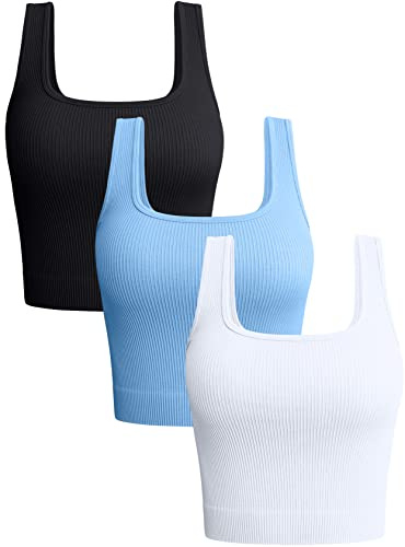 OQQ Lot de 3 Débardeur Femme Ajustée Crop Tops Noir BleuBonbon Blanc M