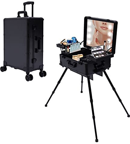 Kosmetikkoffer Trolley Groß mit Beleuchtetem Spiegel und Rollen Nagelkoffer Friseurkoffer Beauty Case, Ladesteckdosen, Höhenverstellbar Portable Travel Make up Organizer Box Kosmetiktasche Schwarz