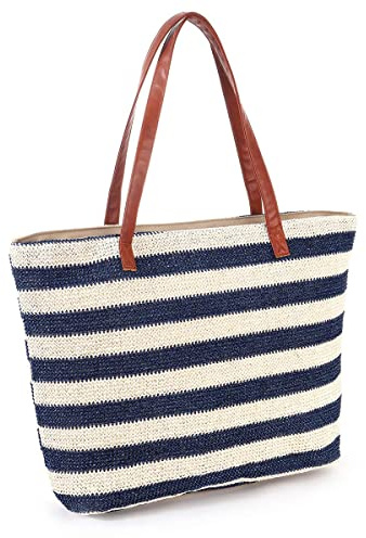 JFAN Bolsas de Playa Raya Tejida Bolsas Mujer Tote Bag Bolso Playa Grande Talla única Rayas Azule