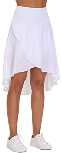 THE GYM PEOPLE Women's High Waist Wrap Ruffle Hem Asymmetric Skort High Low Flowy Midi Skirt with Shorts White