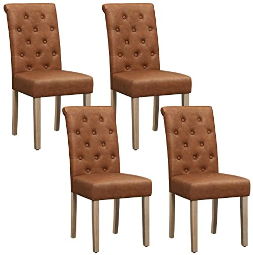 Yaheetech Lot 4 Chaises de Salle Manger Similicuir Dossier Haut Brun Rétro | Assise Épaisse Confortable, Pieds en Chêne Massif, Capacité 125 kg, Montage Facile, Design Vintage pour Salle à Manger, Salon