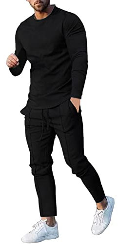 Herren Anzug Stretch Herren Casual Solid Zweiteiler Rundhals Langarm Top Bluse Anzug Kordelzug Tasche Hosen Set Graue Jogginghose Herren (Black, M)