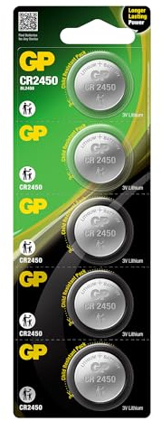 GP Knopfzelle CR2450 3V Lithium 5 Stück | Langlebig und auslaufsicher | CR 2450 Knopfzellen in kindersicherer Verpackung für OOONO CO-Driver NO1, Parkscheibe P-Disc und vieles mehr
