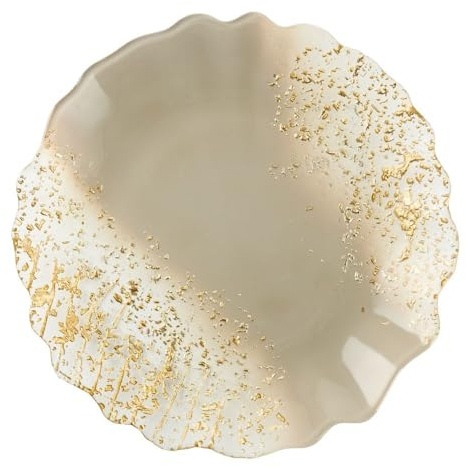 VILLA ITALIA Exklusiver Handgefertigter Glas - Kuchenteller LETRA – Eleganz in Beige und Braun mit Goldakzenten Dessertteller - Servierplatte - Kuchenteller Glas - Glasplatte Rund