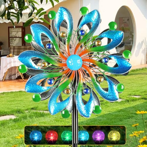 MLKNK Wind Spinners for Yard and Garden - Wind Sculptures & Spinners, 75 Inch, Navy Blue, Kinetic Art with Solar Powered Multi-Color Glass Ball Light