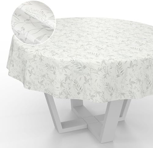 Wachstuch-Tischdecke Tischdecke abwaschbar Wachstuch Garten-Tischdecke Outdoor Indoor Rund 120cm Schnittkante Blätter Grau