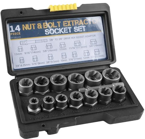 Lot de 14 extracteurs d'écrous WIYETY Jeu d'extracteurs de vis à profil hélicoïdal, Jeu de clés à douille, Extracteur de boulons pour enlever les écrous et vis endommagés et rouillés (6,35-19 mm)