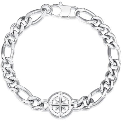 GAVU Herren Armband Edelstahl, Surfer Armband mit Kompass, 21cm, Silber