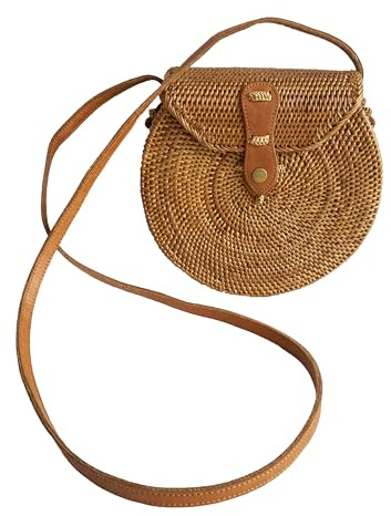 creazioni unique Borsa Paglia Donna Estiva in Midollino con Intreccio in Rattan - Borsetta Tonda con Cinturino Lungo - Interno in Cotone - Borsa Primavera Estate 2024 (Tracolla)
