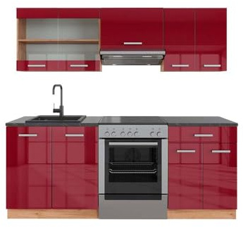 Vicco Küchenzeile R-Line, Rot Hochglanz/Goldkraft Eiche, 200 cm | 5 Module · Höhenverstellbare Füße · AP Anthrazit inkl. · Robuste Fronten · Mit Glasschrank · Frei kombinierbar