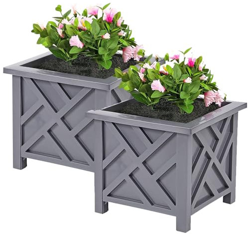 Taylor & Brown Set of 2 | Lattice Design Planter Box | 14.5-Inch | Square Decorative Outdoor Flower or Plant Pot Container | Polypropylene | Front Porch, Patio, and Garden Decor, Grey