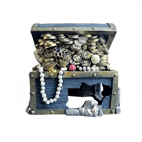 Cadzyre Aquarium Dekoration, Harzprozess, Piratenschatz Dekorationsbox, geeignet für Kampffisch-Dekoration, Reptilien-Haustier deko aquarium, 14x14x13cm