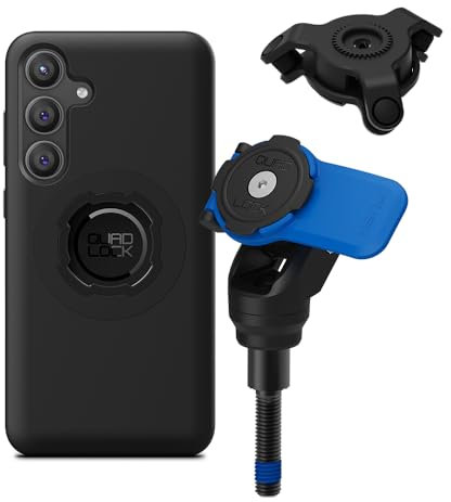 Quad Lock Motorcycle Handlebar Clamp Bolt Phone Mount Kit with Vibration Dampener and Galaxy S24+ MAG Case