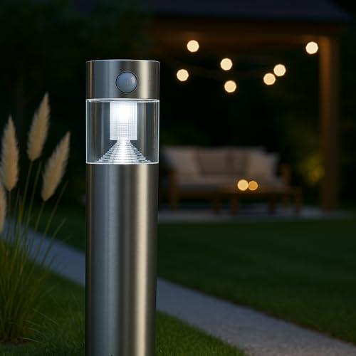 MeLiTec Solar Gartenleuchte mit Bewegungsmelder & Dämmerungssensor – Edelstahl Wegeleuchte, Außen, IP44 – Solarlampe für Garten, Wege & Einfahrt – kaltweiß – energiesparend, automatisch