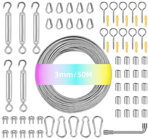 MUUKAIII 50M 3mm Drahtseil, 72 Pcs Stahlseil Kit, 304 Edelstahl Drahtseil Spanndraht, Spanndraht Seilspanner Spannschloss Edelstahl Kit, Rankhilfen für Kletterpflanzen, Gardinenseil, Wäscheleine, Zaun