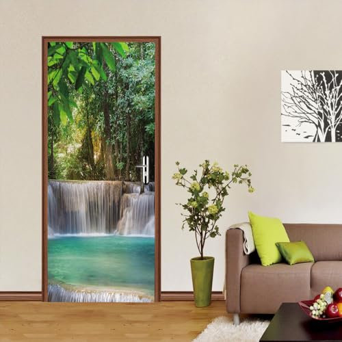 Türtapete Selbstklebend Wald & Wasserfall 3d Türaufkleber Wandbilder Türposter Fototapete PVC DIY Türbild Vinyl Wasserdichte Entfernbar Mauer Aufkleber Zuhause Dekor B77 x H200cm