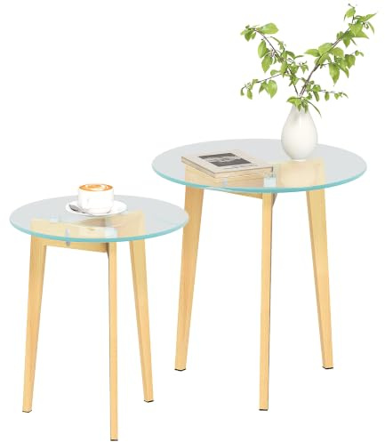 HOMCOM Beistelltische Wohnzimmer Beistelltische 2-teilig Nesting Tische mit gehärtetem Glas Tischplatte und Stahlrahmen Kleine Couchtische für Schlafzimmer Transparent