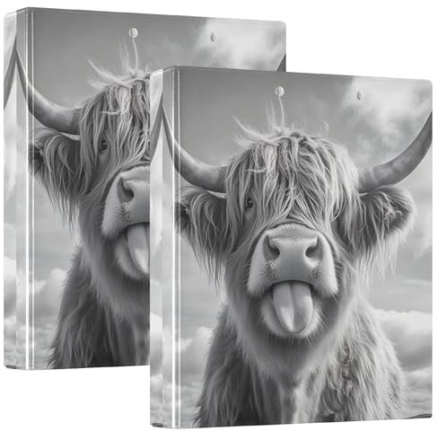 Silly Highland Cow Tongue Out 1 1/2 Inch 3 Ring Binders Hold 200 Sheets Cute Folders Notebook Round Ring Recipe Binder, 12.4x10.63x2.36inch, 2 Pack
