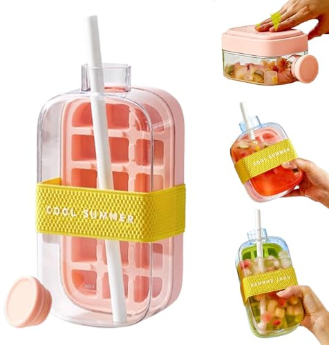500/800ml My Crush Cup Ice Making Cup with Straw, 2 in 1 Water Bottle Ice Cube Tray, Zero Touch Press Ice Cube Mold (Pink, 800ml)