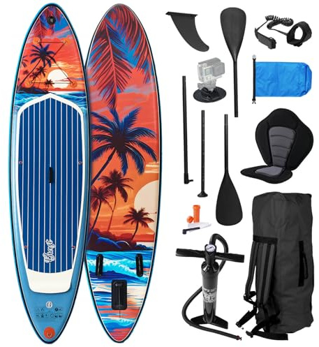 BRAST SUP Board Tropic | Aufblasbares Stand up Paddle Set | 320x81x15cm | 5 Designs | 5 Jahre Garantie | inkl. Sonderzubehör | 2in1 Paddel Kajak-Sitz Action-Cam-Halterung Fußschlaufe Pumpe Rucksack