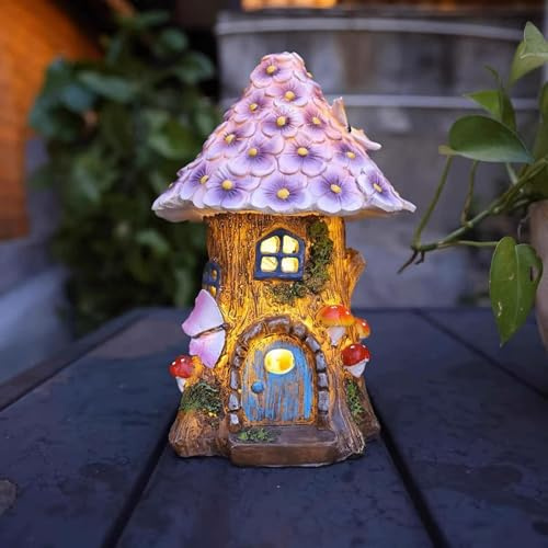 Tuzsocr Gartendeko für Draußen, Solar Feenhaus LED Gartenleuchten Pilzhaus, Harz Elfenhäuschen mit Solarleuchte, Wetterfeste Feengarten Deko Außen, Rasen, Hof, Terrasse, Balkon, Fensterbank