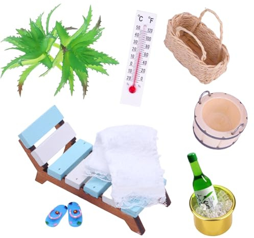 Norhogo 11 Teile Puppenhaus Mini Sommer Strand Holzliege für Ornamente | Mini-Strandstuhl-Set, Miniatur-strandkorb Mikroszene Statue Sommer, Strand-Sonnenstuhl-Set für Foto-Requisiten, Zubehör