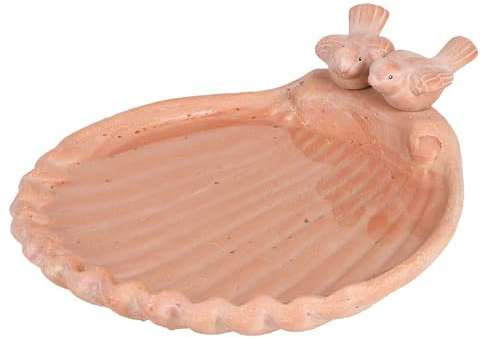 Vogeltränke Muschelform Terrakotta – Dekorative Keramik-Vogeltränke in Kalksteinoptik mit 2 Vögeln – Vogelbad für Garten, Terrasse & Balkon, Wetterfest