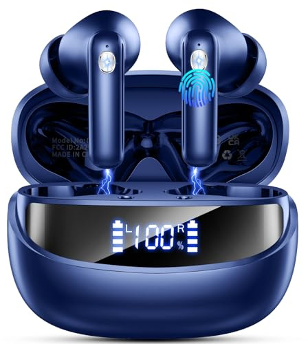 Nerunsa Casque Bluetooth sans fil Bluetooth 5.4 HiFi stéréo, 50 heures de temps de lecture, écouteurs intra-auriculaires avec 6 micros ENC à réduction du bruit, écouteurs 2026 avec affichage LED