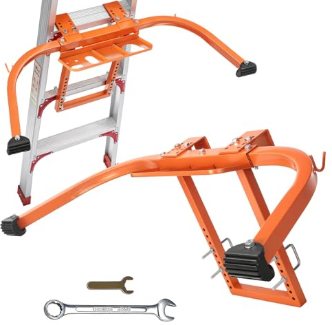 FLASHEVER Heavy Duty Ladder Stabilizer with Tool Tray & Wing Span | Steel Roof Hook Standoff For Gutters Wall Roofing, Anti-Slip Rubber Feet, Universal For Straight Folding Telescoping Ladders