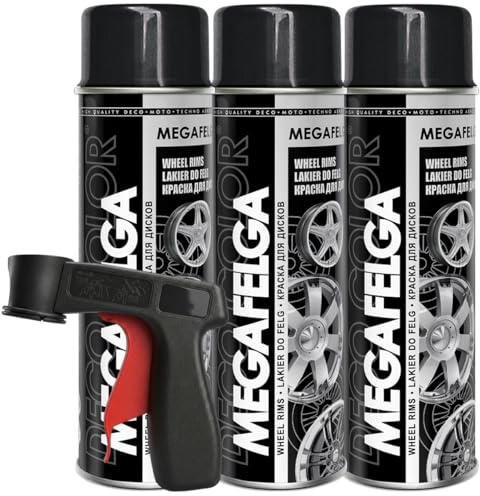 Craft-Equip DC 3er Sparpack MEGAFELGA 500ml inklusive Haltegriff - Felgenlack - Lackspray für Alufelgen und Stahlfelgen (3 Dosen 500ml Felgenlack Schwarz Glanz + Haltegriff)