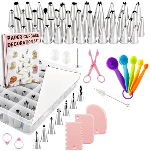 120 PCS Piping Bags and Nozzles Set, 55 Icing Tips Cake Decorating Kit | Includes 50 disposable bags, 2 couplers, flower nail, lifter, scrapers and measuring spoons for beginners and pros