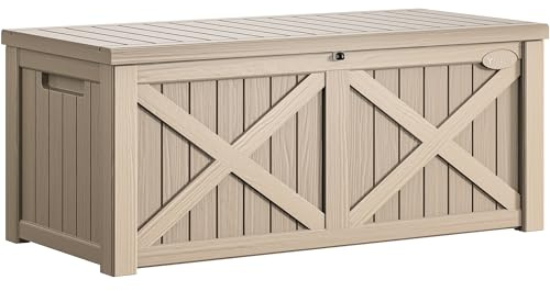 YITAHOME 450L Große Gartenbox mit X-förmiger Front, wasserdichte Resin Aufbewahrungsbox als Sitzbank für Terrasse, Poolzubehör & Gartengeräte – Abschließbar, Taupe