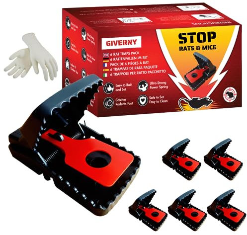 GIVERNY Trappola per Ratti e Topi XL (Confezione da 6) – Extra Grande, Riutilizzabile e Potente, Senza Veleno, Sicura per Bambini e Animali, con Guanti Inclusi – Uso Interno ed Esterno