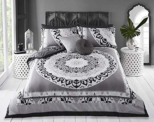 Sleepdown Duvet Cover Set - Black Grey - Paisley Mandala Geometric - Reversible Quilt Cover Easy Care Bed Linen Soft Cosy Bedding Sets with Pillowcases - Super King (220 cm x 260 cm)