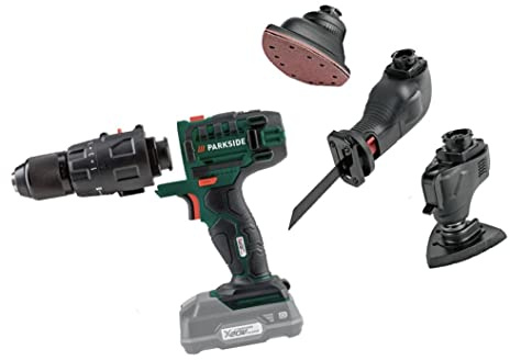 Parkside 4in1 20V Cordless Combination Tool Drill/Driver, Multi-Sander, reciprocating Saw and Multifunctional Device Quick, Tool-Free Attachment Change with Battery & Quick Charger