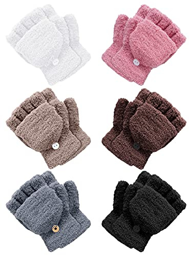 Geyoga 6 Pares Guantes Convertibles de Niños sin Dedos Mitones con Tapa Abatible de Punto de Invierno (Multicolor, 5-10 años)