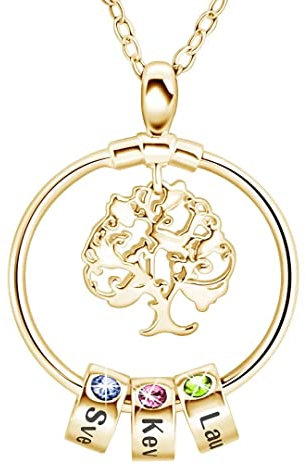 Namenskette Personalisierte Edelstahl Rund Kette mit Name Lebensbaum Halskette Stammbaum des Lebens Anhänger Gravur 1 bis 6 Kinder Namen Geburtsstein für Mutter Familien Oma