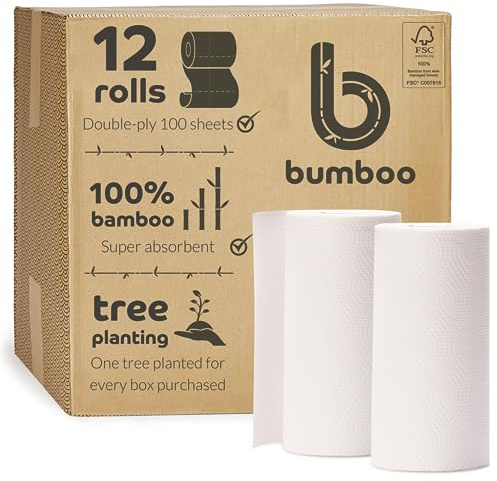 Bumboo |100% Bamboo Kitchen Rolls | Pack of 12 Rolls (2-Ply) | Multipurpose, Plastic-Free, Eco-Friendly, Super Absorbent, Strong & Sustainable