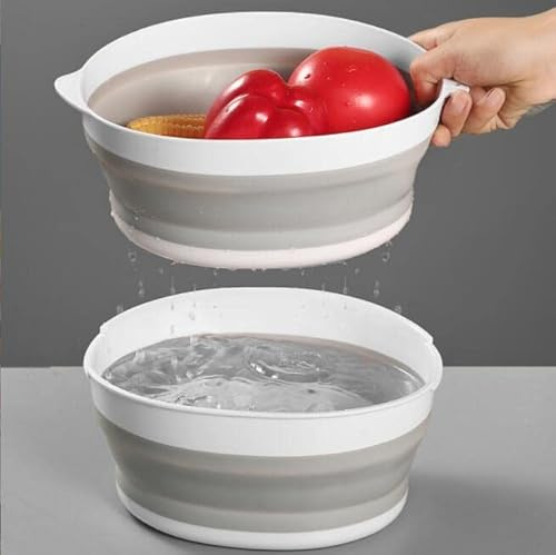 Foldable Silicone Round Shape Large Washing Basket & Drainer Multifunctional Kitchen Food Strainer Basket Free Space Saving for Washing Mixing Fruits Vegetables Cleaning (Small Grey)