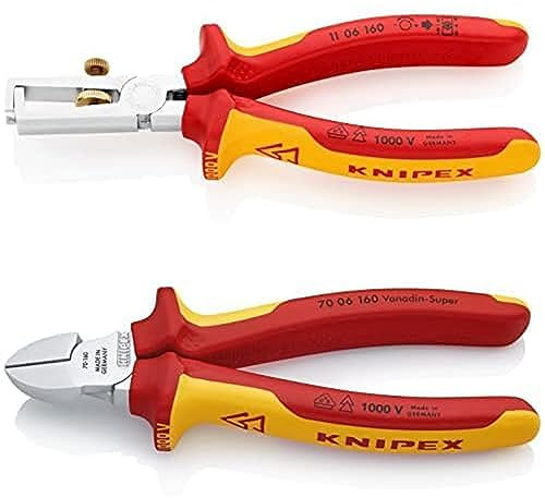 Knipex Seitenschneider 160 mm 70 06 160 + Knipex Abisolierzange mit Öffnungsfeder, beide Zangen verchromt, isoliert mit Mehrkomponenten-Hüllen und VDE-geprüft, 160 mm 11 06 160