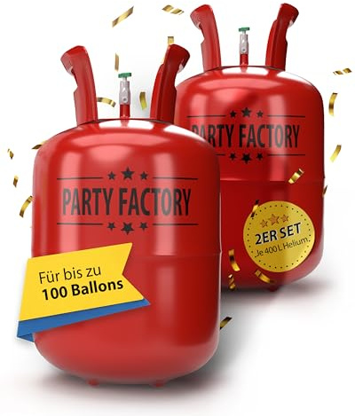 Party Factory – Helium Gasflasche 2x 400L für ca. 100 Luftballons – Partydeko Ballongas Flasche für Latex- & Folienballons – Einwegflasche mit Knick-Füllventil – Für Partys, Hochzeiten und Geburtstage