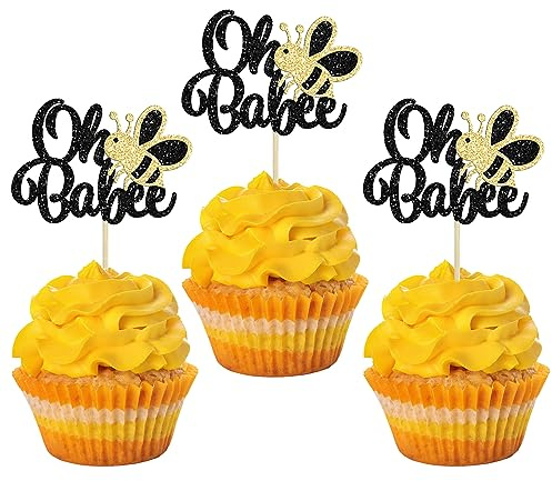 Gyufise 24 Stück Oh Babee Cupcake Toppers Glitzer Süße Hummel Oh Baby Cupcake Picks für Bienen-Thema Babyparty Kindergeburtstag Kuchen Dekorationen Supplies Schwarz