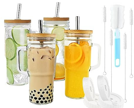Glass Cups with Bamboo Lids and Straws,24oz Tumbler With Handle,4 Pack Mason Jar with Lid and Straw-Wide Mouth Reusable Drinking Glasses,Boba Cup Smoothie Tumbler Iced Coffee Cup Travel Mug