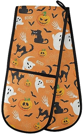 Double Oven Gloves Halloween Pumpkin Ghost Orange Heat Resistant Pot Holder Oven Mitt Gloves for BBQ Cooking Baking Grilling Microwave
