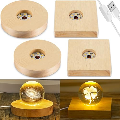 Honoson 4 Pcs LED Light Base - Wooden LED Base for Crystal Wood Light Display for Glass Art Lighted Stand for 3D Glass Resin Art(Square, Round)