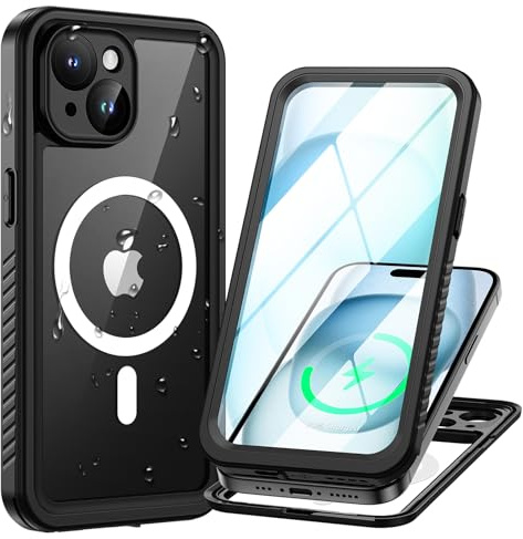 Lanhiem für iPhone 15 Hülle IP68 Wasserdicht Magnet Stoßfest | Handyhülle iPhone 15, Kompatibel mit Magsafe, 360 Grad Outdoor Panzerhülle, mit Displayschutz, Schwarz