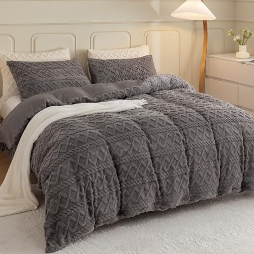 Levoo Fluffy Duvet Cover Queen Size Ultra Soft Fuzzy Duvet Cover 3 Pieces Shaggy Bedding Set Includes 1 Faux Fur Duvet Cover + 2 Fur Pillowcases No Comforter (Queen, Gray)