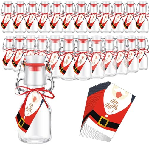 Suclain Paquete de 24 mini botellas de vidrio con tapa abatible de 2 onzas, botellas de almacenamiento con tapa abatible con tarjetas de Navidad y cuerdas rojas para Navidad, manualidades, aceite de